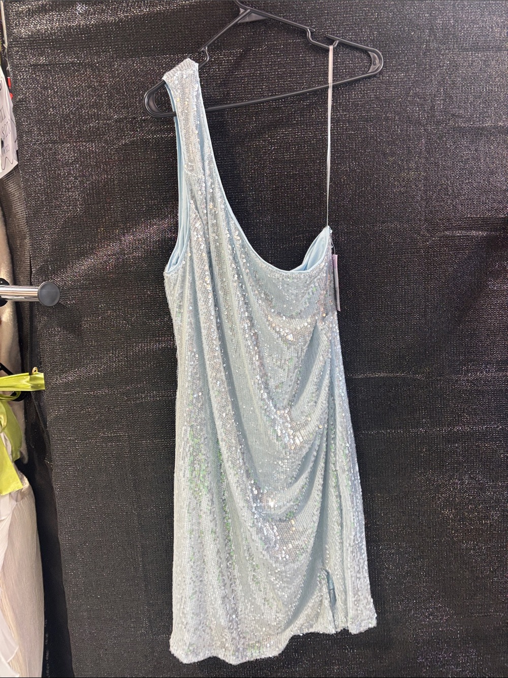 Sequined One-Shoulder Mini Dress in Light Blue. wild fable